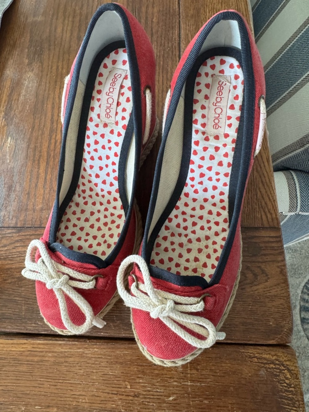 See By Chloe Red Canvas Espadrille Bow Flats with Heart Insole
